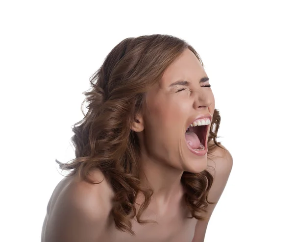 Junge Frau im Stress schreit laut isoliert — Stockfoto