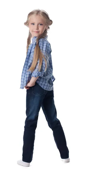 Menina loira stand posando em estúdio isolado — Fotografia de Stock
