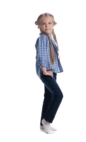 Vrij blond meisje in spijkerbroek — Stockfoto