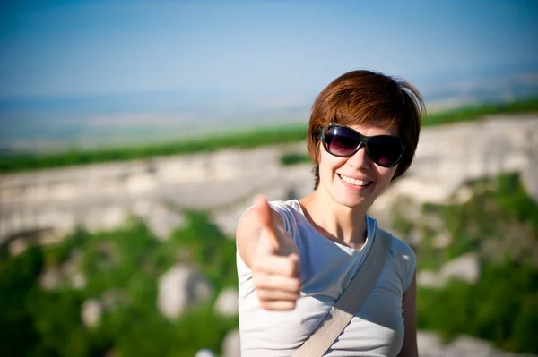 Girl with his thumb up — Stock Photo, Image