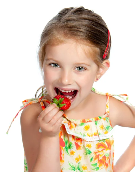 Pieni söpö tyttö tilalla mansikka — kuvapankkivalokuva