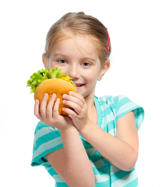 Kleines Mädchen isst ein Sandwich isoliert — Stockfoto