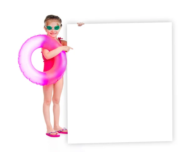 Mädchen im Badeanzug mit weißem Banner — Stockfoto