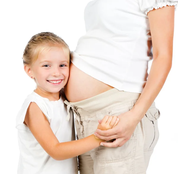 Little girl with stomach of pregnant mother — Stock Photo, Image
