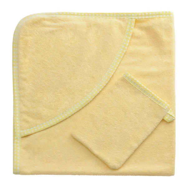 在白色背景上的黄色沐浴婴儿毛巾 — 图库照片