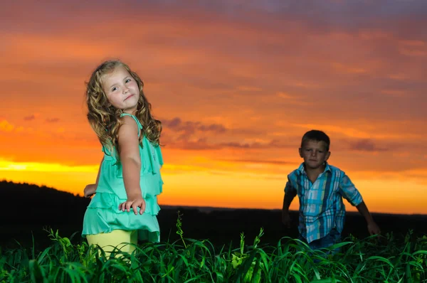 Grupa szczęśliwy dzieci bawiące się na łące, zachód słońca, lato — Zdjęcie stockowe