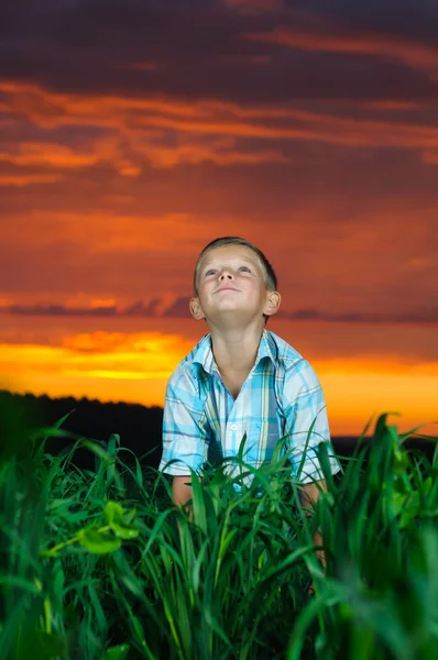 Felice giovane riposo sul campo verde — Foto Stock