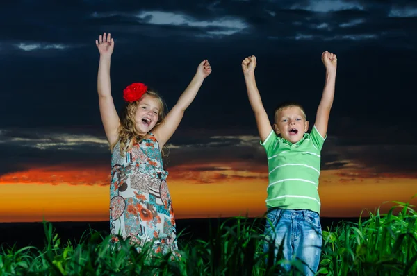 Gruppo di bambini felici che giocano sul prato, tramonto, estate — Foto Stock