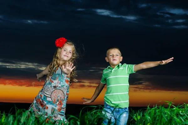 Grupo de crianças felizes brincando no prado, pôr do sol, horário de verão — Fotografia de Stock