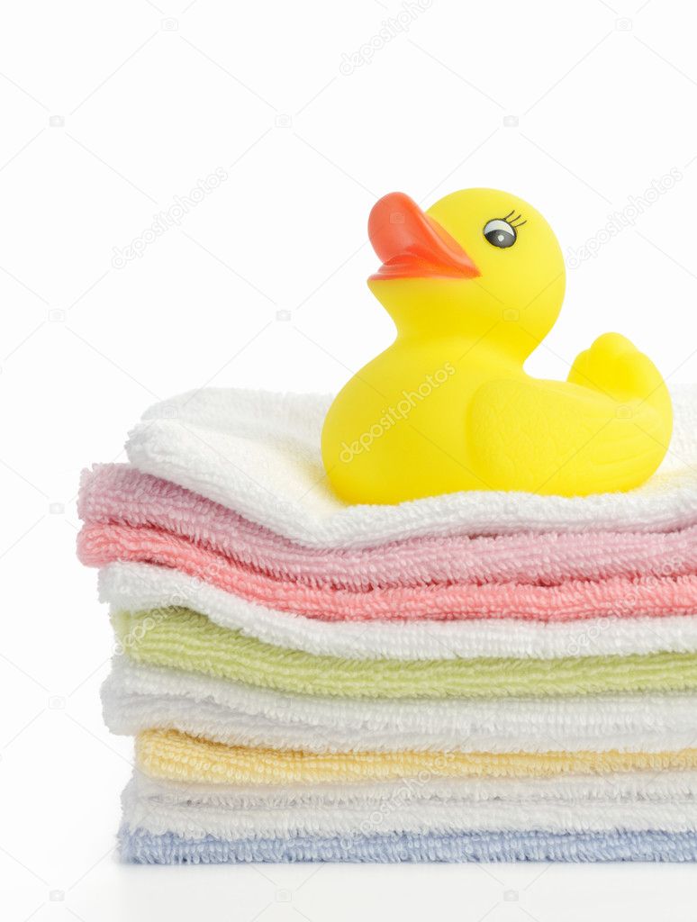 Bath accessories. Bath towels and Yellow rubber duckies