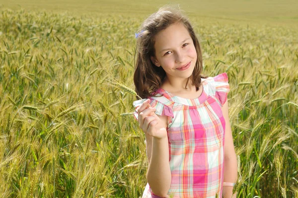 Joven hermosa chica en un campo de trigo — Foto de Stock