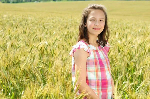 Krásná mladá dívka v pšeničné pole — Stock fotografie