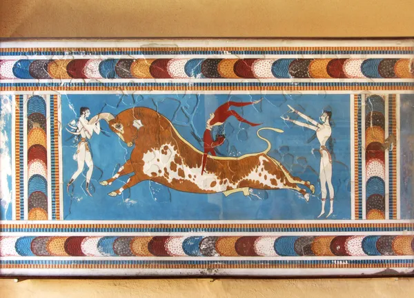 Muurschildering Minoïsch fresco stier strijders — Stockfoto