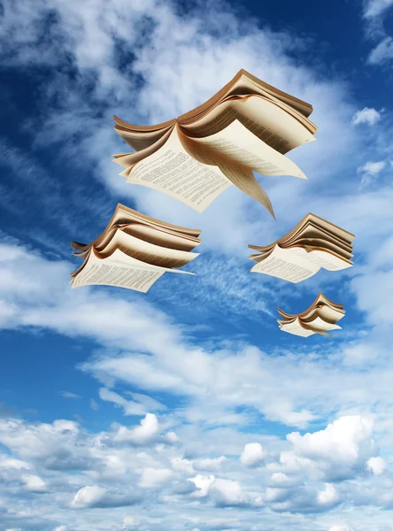 Four open books flying above — Stock Photo, Image