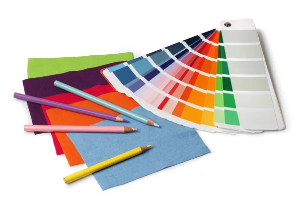 Renk ve kumaş renk örneği örnekleri ve kalemler — Stok fotoğraf