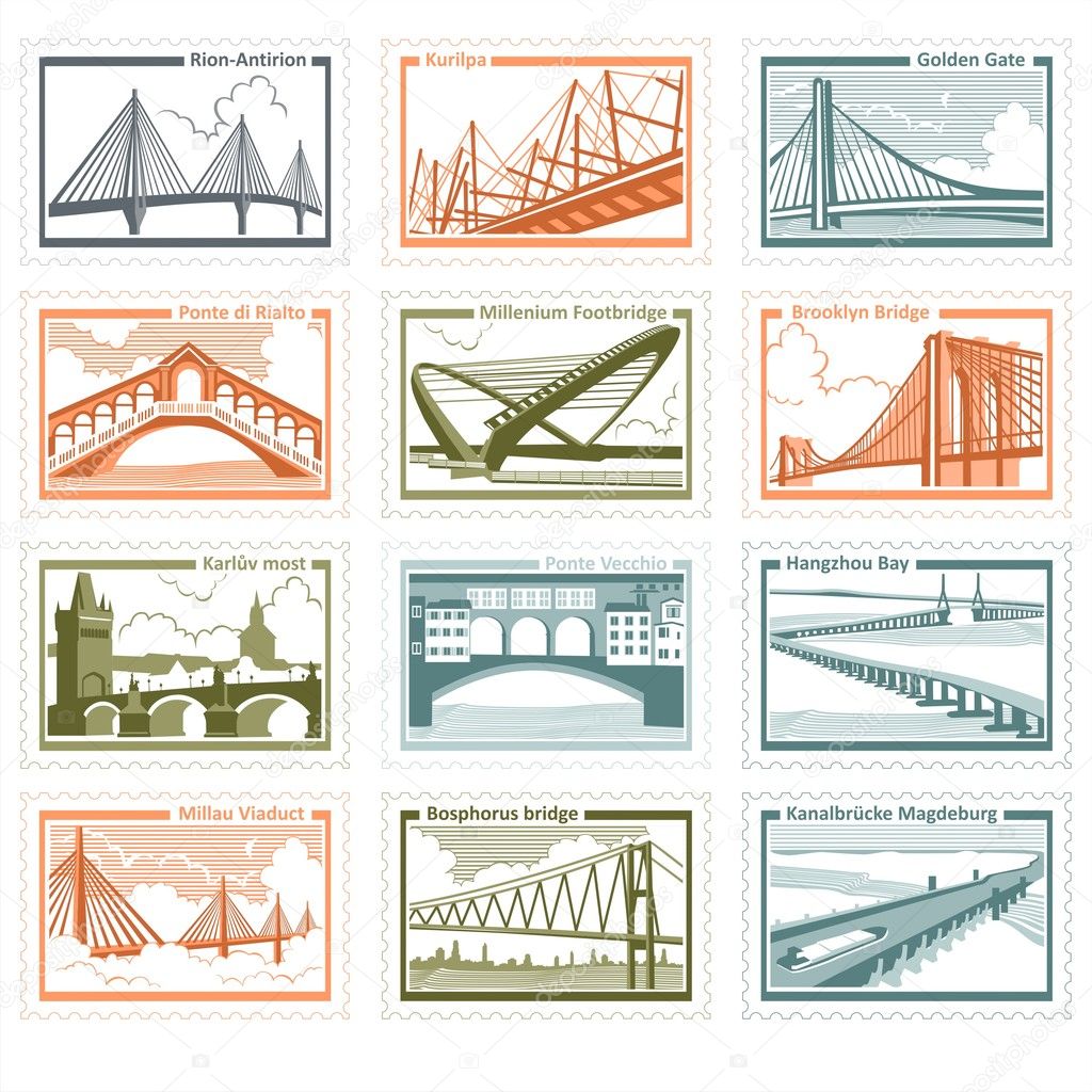 The collection of stamps with the image of bridges