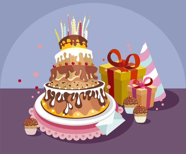 Tarta de cumpleaños con regalos — Vector de stock