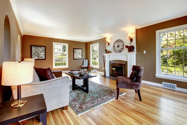 Klasická hnědá a bílá obývací pokoj s dřevěnou podlahou. — Stock fotografie