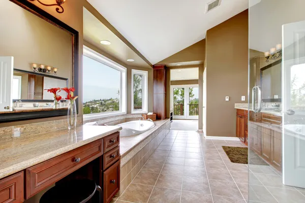 Grande salle de bain moderne de luxe en brun . — Photo