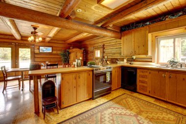 Log cabin wood kitchen with rustic style. clipart