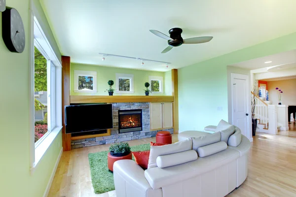 Grünes Wohnzimmer mit schwarzem Fernseher und beigem Sofa. — Stockfoto