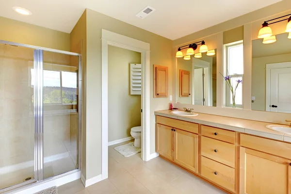 Hermoso baño clásico con doble lavabo y ducha . — Foto de Stock