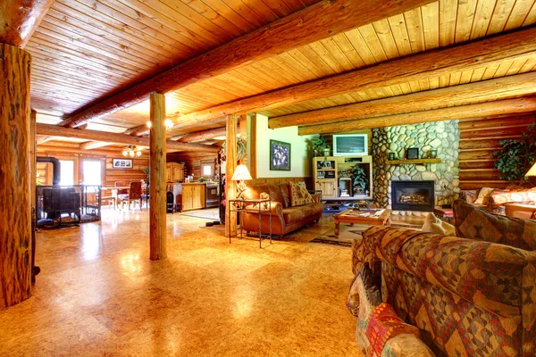 Log cabin rustic living room interior. — Stock Photo, Image