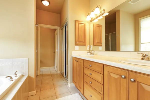 Velké béžové a dřevěné koupelny interiér. — Stock fotografie
