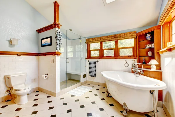 Interieur van de grote klassieke blauwe badkamer met bad en tegels. — Stockfoto