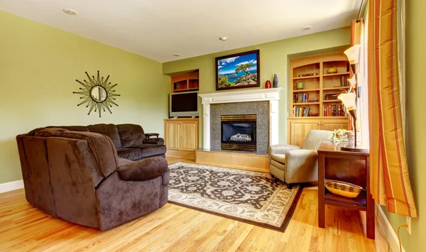 Clássico verde sala de estar interior com lareira . — Fotografia de Stock