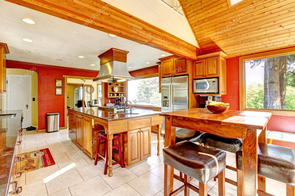 Large Kitchen With Red Walls And Wood Vaulted Ceiling