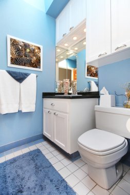 Blue wnad white small bathroom sink and toilet. clipart