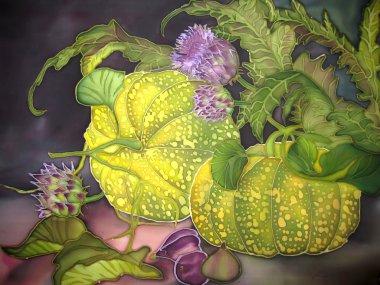 Art, painting on silk. Pumpkin with figs and flowers. clipart