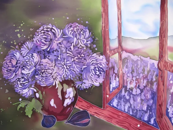 紫色的花附近与紫色字段的窗口。绘画. — 图库照片