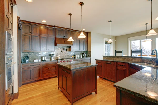 Luxury pine wood beautiful custom kitchen interior design. Stock Photo