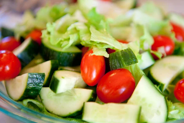 Зеленый овощной салат с огурцами и помидорами . — стоковое фото