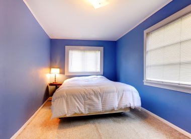 Beyaz battaniye ve iki pencere ile mavi mor yatak odası.