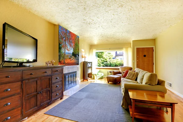 Wohnzimmer mit grauem Teppich, gelben Wänden und Fernseher auf großer Kommode. — Stockfoto