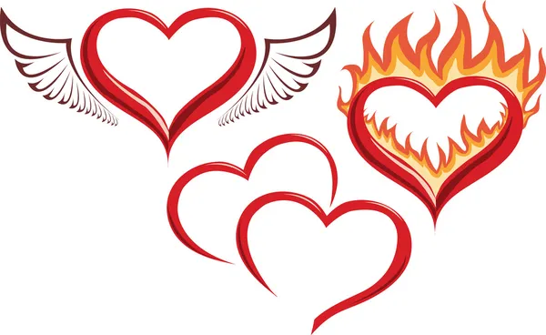 Herz in Feuer, Herz mit Flügeln, zwei Herzen. — Stockvektor