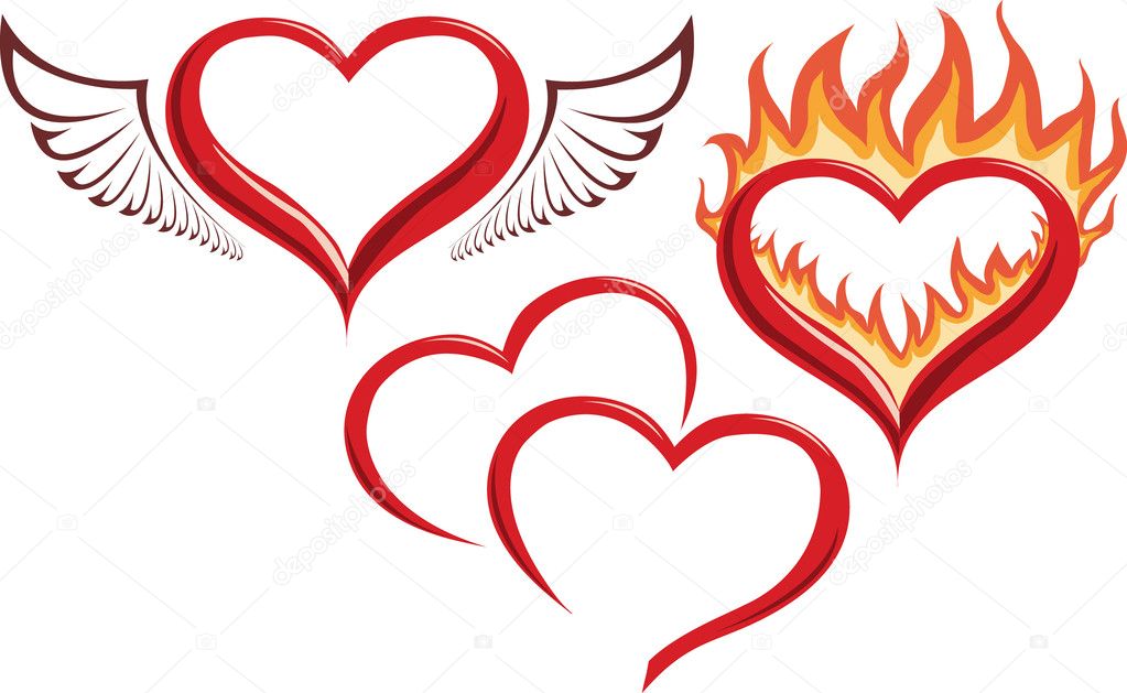 Heart in fire, heart with wings, two hearts.