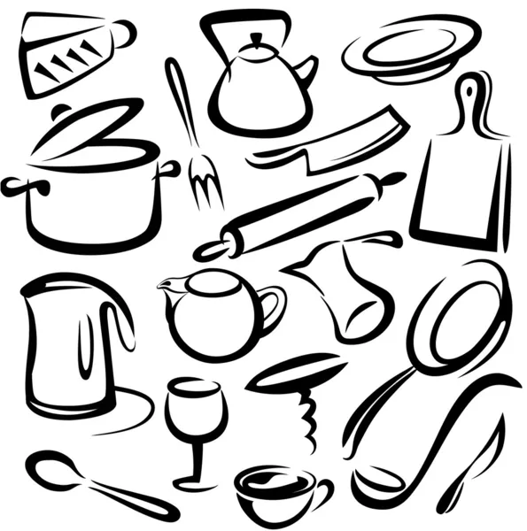 Великий набір кухонних інструментів, векторний ескіз — стоковий вектор