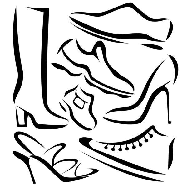 Σύνολο sillhouettes παπούτσια, διάνυσμα σκίτσο σε λιτές γραμμές — Διανυσματικό Αρχείο