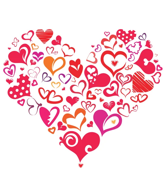 Grande cuore fatto di molti simboli differenti del cuore — Vettoriale Stock