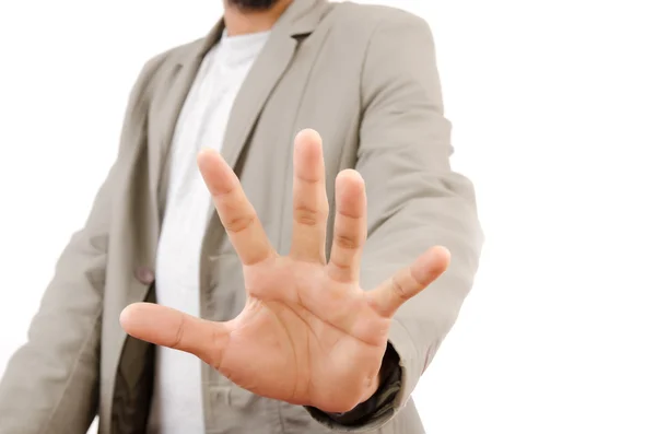 Homme d'affaires Toucher sur le tableau blanc, Focus sélectif sur le doigt . — Photo
