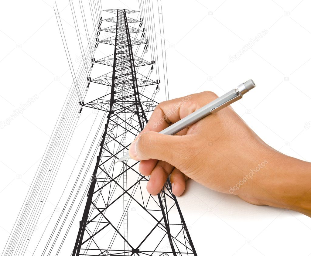 Hand Drawing High voltage power pole line.