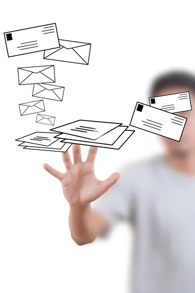 Empresário empurrando correio para rede social . — Fotografia de Stock