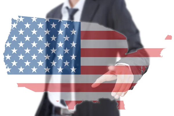 Empresario asiático empujando mapa de la bandera de EE.UU. . — Foto de Stock