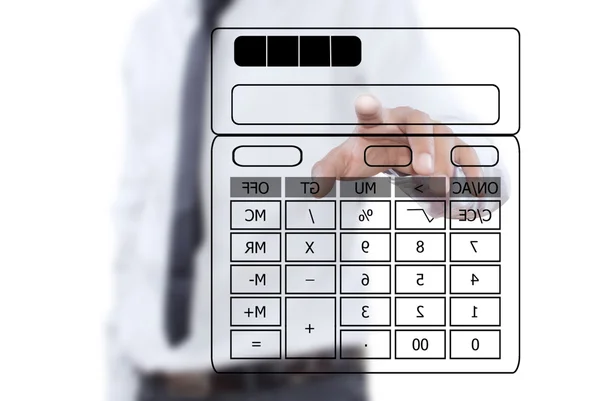 Hombre de negocios asiático escribiendo calculadora en la pizarra blanca — Foto de Stock