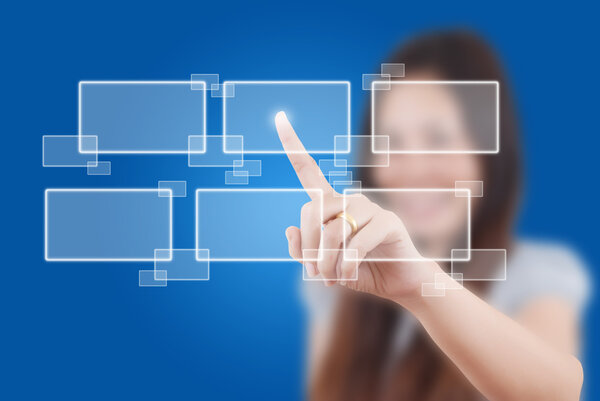 Business lady Touching button on the whiteboard