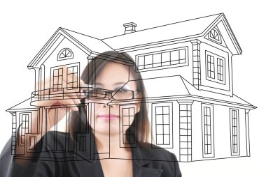 Asian business lady writing home plan clipart